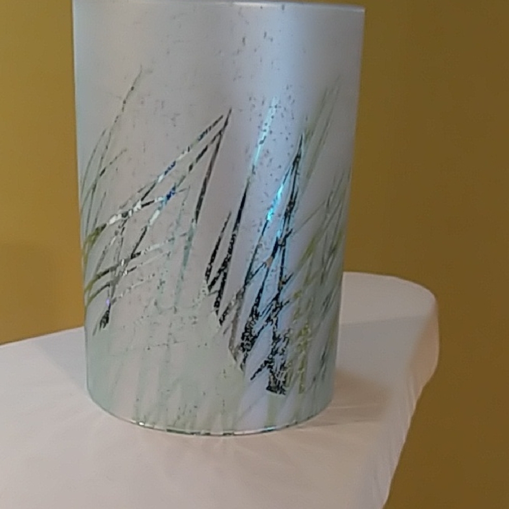 PartyLite Frosted Glass Candle Holder with Green and Silver Accents